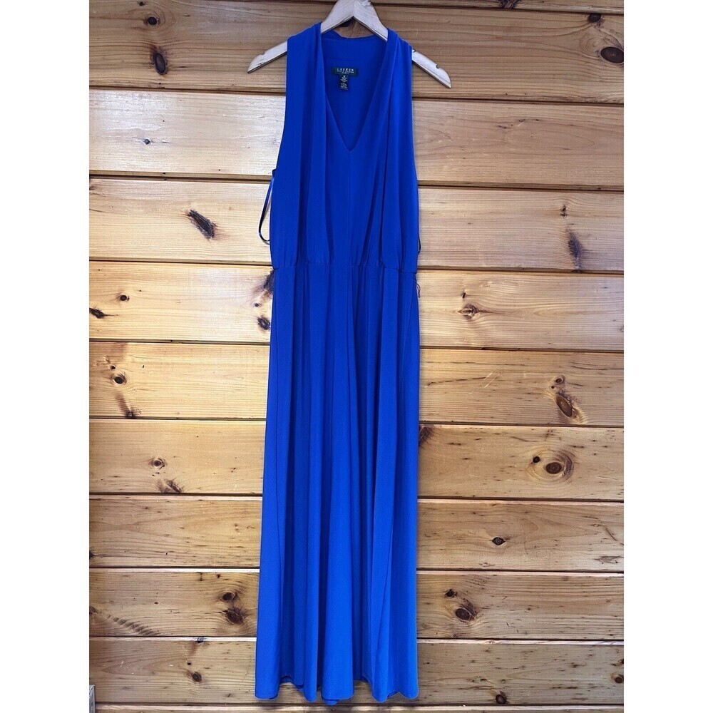Ralph Lauren Women Royal Blue Maxi Dress Size 12 Sleeveless V-neck Stretch